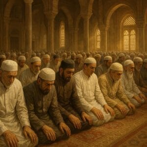 مسلمان مسجد میں جماعت کے ساتھ نماز پڑھتے ہوئے، سکون اور روحانیت کا منظر"