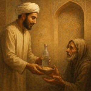 ایک مسلمان شخص غریب کو صدقہ اور خیرات دیتے ہوئے، اسلامی پس منظر کے ساتھ"