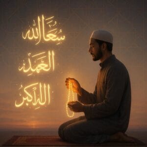 نمازی شخص تسبیح کے ساتھ اذکار پڑھتے ہوئے، ایمان کو مضبوط کرنے والے وظائف کی عکاسی کرتی تصویر"