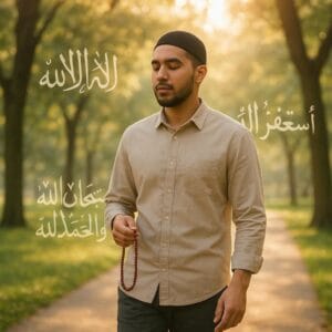 مسلمان شخص چلتے پھرتے اذکار پڑھتے ہوئے، ایمان کو مضبوط کرنے والے وظائف کی نمائندہ تصویر"