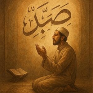 صبر کی فضیلت کو ظاہر کرتی تصویر، ایک مسلمان دعا اور نماز میں مصروف ہے، پس منظر میں قرآنی خطاطی اور روحانی روشنی موجود ہے