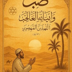 اسلامی آرٹ پر مبنی تصویر، ایک مومن غروب آفتاب کے وقت دعا میں مصروف ہے، ریتلا منظر اور عربی خطاطی صبر اور ایمان کی علامت کے طور پر دکھائی گئی ہے۔"