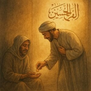 ایک مسلمان شخص خفیہ طور پر ایک غریب کو صدقہ دیتے ہوئے، پس منظر میں قرآنی خطاطی اور سنہری روشنی کے ساتھ، نیکی کے اجر کی عکاسی۔"