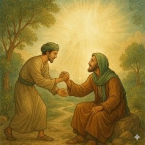 دو افراد ایک دوسرے کی مدد کرتے ہوئے، پرسکون ماحول، عربی خطاطی اور روحانی روشنی کے ساتھ، نیکی کی برکت کو ظاہر کرتا ہوا اسلامی منظر۔"