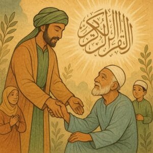 پُرسکون اسلامی منظر جس میں ایک شخص دوسروں کی مدد نرمی اور محبت سے کر رہا ہے اور پس منظر میں قرآنی آیات چمک رہی ہیں، جو اس بات کی نمائندگی کرتی ہیں کہ قرآن و حدیث کی تعلیمات کردار کو نیکی اور اچھائی میں ڈھالتی ہیں۔"