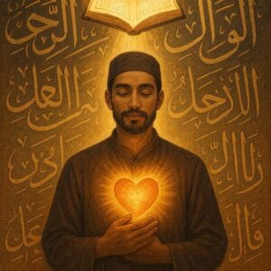 ایک مسلمان شخص جس کا دل نورانی ہے، قرآن کی روشنی میں پُرسکون کھڑا ہے اور ارد گرد عربی خطاطی موجود ہے، جو اس بات کی علامت ہے کہ قرآن و حدیث انسان کو اچھا انسان بننے کی رہنمائی کرتے ہیں۔"