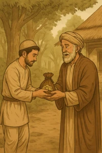 اسلامی کہانی پر مبنی تصویر جس میں سچائی اور ایمان کی روشنی کو انعام ملتے دکھایا گیا ہے