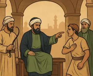 حضرت عمر فاروقؓ انصاف کرتے ہوئے – قبطی نوجوان اور عرب گورنر کے بیٹے کا مقدمہ، پس منظر میں اسلامی طرزِ تعمیر