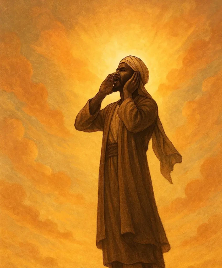 "حضرت بلال حبشیؓ خانہ کعبہ کی چھت پر اذان دیتے ہوئے، ایمان، قربانی اور اسلام کے پیغام کی عکاسی کرتی روحانی تصویر"