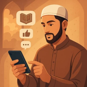 مسلمان نوجوان اسلامی ہدایات کے مطابق سوشل میڈیا استعمال کرتے ہوئے، موبائل اسکرین پر قرآن، اخلاقی اقتباسات اور مثبت مواد ظاہر کر رہا ہے"