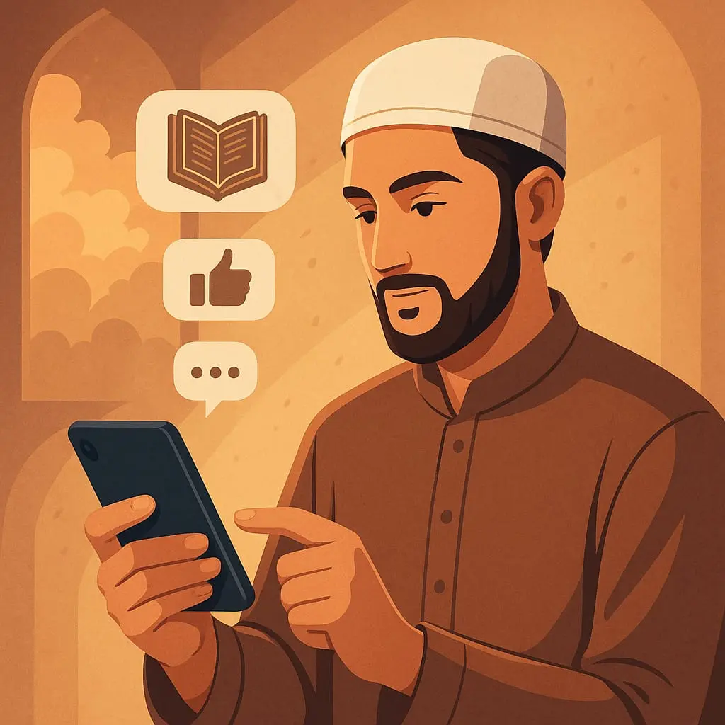 مسلمان نوجوان اسلامی ہدایات کے مطابق سوشل میڈیا استعمال کرتے ہوئے، موبائل اسکرین پر قرآن، اخلاقی اقتباسات اور مثبت مواد ظاہر کر رہا ہے"