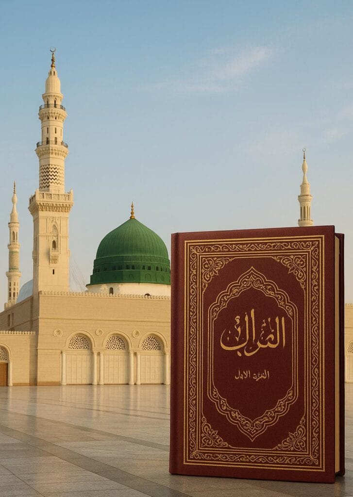 مدینہ منورہ کے خوبصورت آسمان کے پس منظر میں پھول اور کھلی کتاب کی علامتی تصویر، جو اللّٰہ تعالیٰ کو سب سے محبوب عمل اور نیک اعمال کی رہنمائی کی عکاسی کرتی ہے"