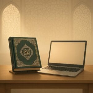 Quran and laptop placed side by side on a desk, symbolizing balance between Deen and Dunya with Islamic geometric patterns in the background."