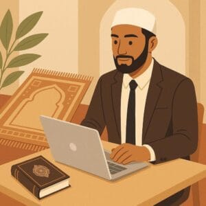 قرآن اور لیپ ٹاپ ایک ساتھ رکھے ہوئے، دین اور دنیا کے درمیان توازن کی علامت۔"