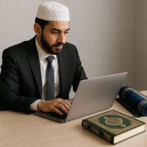 دفتر میں کام کرنے والا مسلمان شخص تسبیح کے ساتھ بیٹھا ہوا، عبادت اور دنیاوی ذمہ داریوں میں توازن قائم رکھ رہا ہے۔"